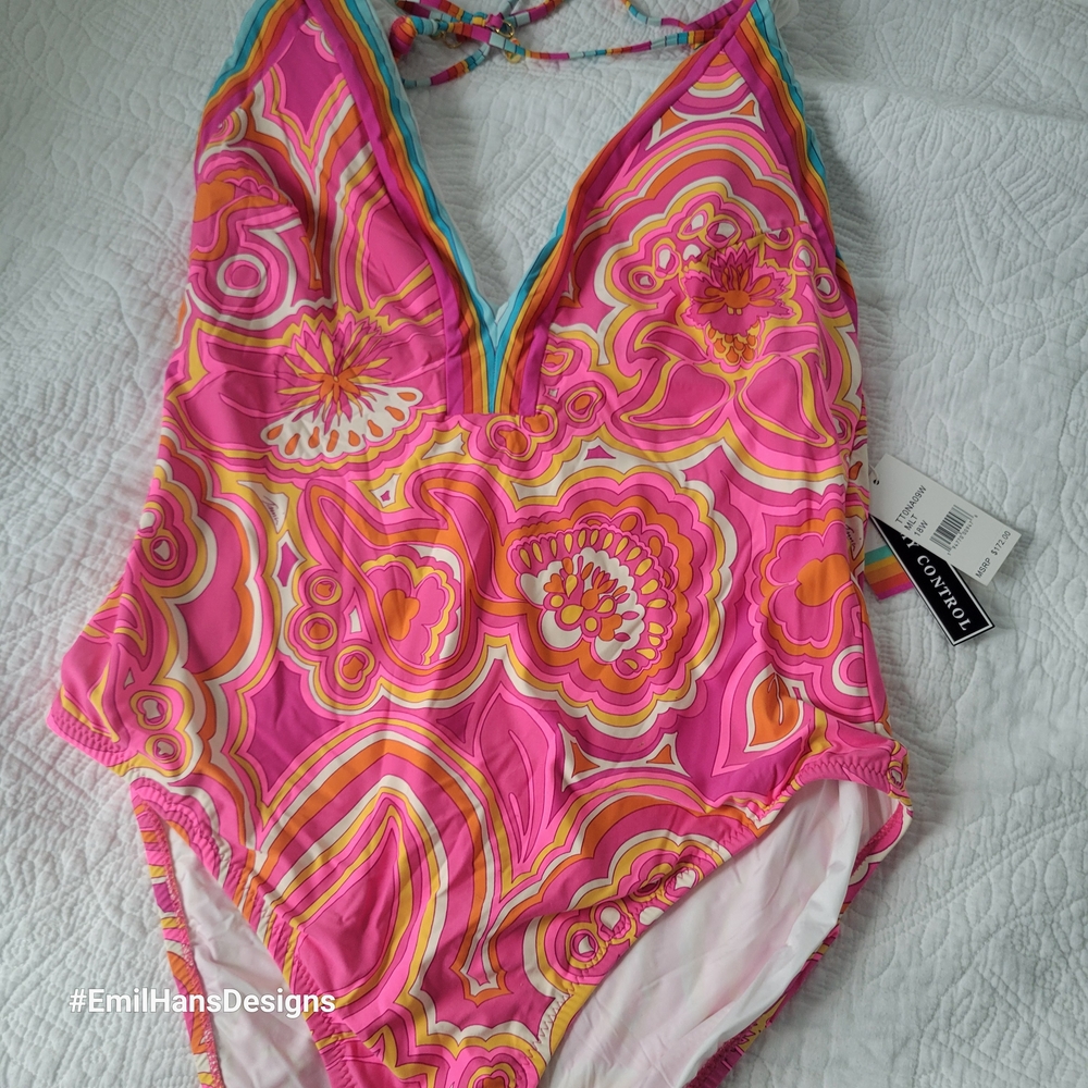 Trina Turk Pink Multicolor Retro Print One-Piece Swimsuit